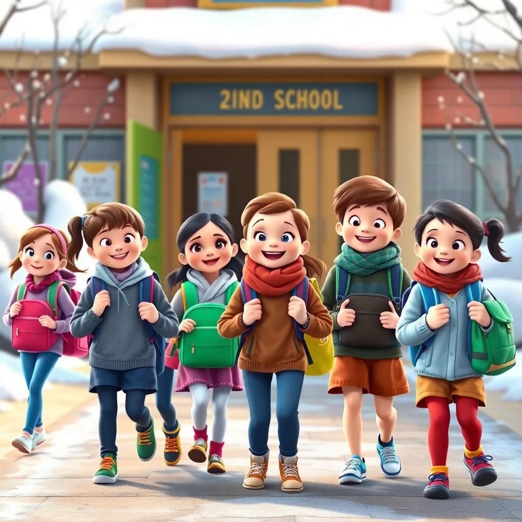 A group of cheerful second-grade students, holding colorful backpacks, walking out of their school, with their teacher Narges smiling, vibrant school background, winter atmosphere, digital art, warm colors, inviting scene, high quality