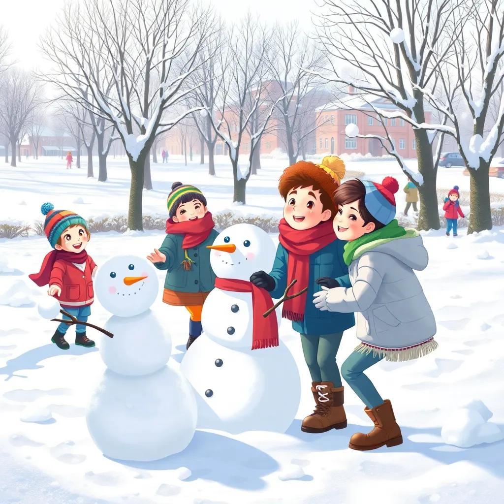 A fun winter park filled with snow, children playing snowballs and building a snowman, with students like Basem and Selin laughing, bright winter day, illustration, joyful, detailed scene, high quality