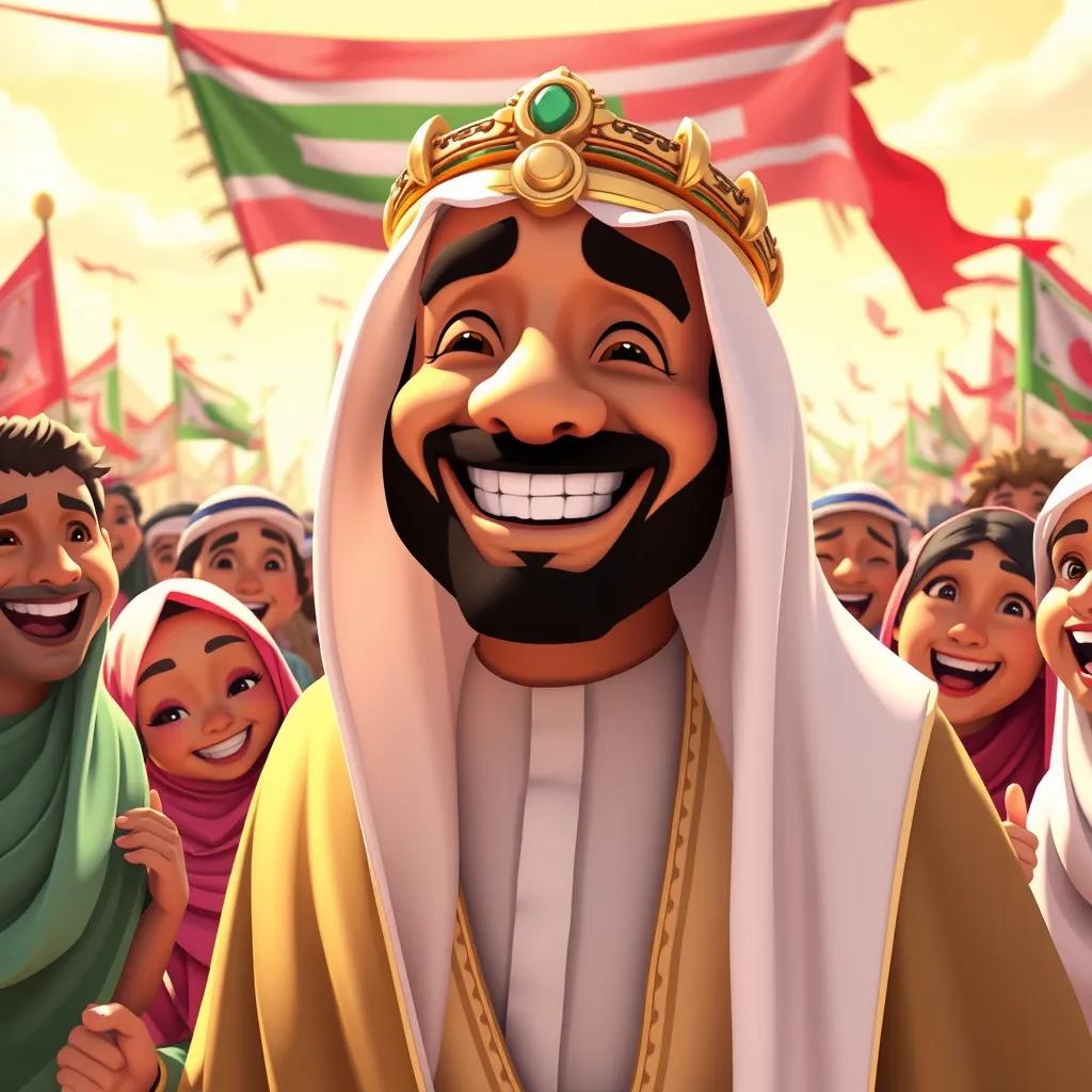 A joyful scene in Saudi Arabia with King Mohammed smiling at a crowd, adorned in traditional Arabic attire, cheerful people around him celebrating with banners and flags, bright sunny sky, digital art, colorful and festive