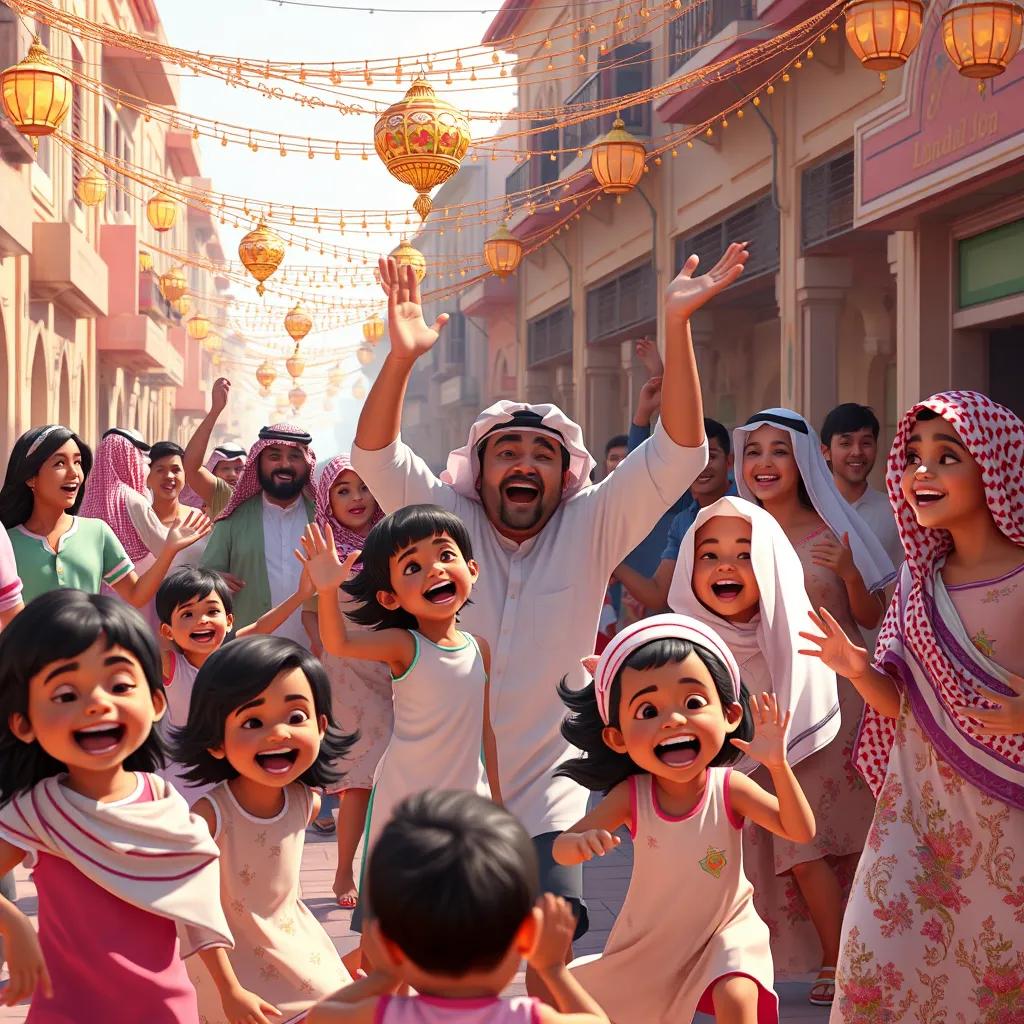 Children playing joyfully in the streets, adults singing and dancing, vibrant atmosphere filled with happiness, with Saudi Arabian decorations, digital art, highly detailed, celebrating unity and joy