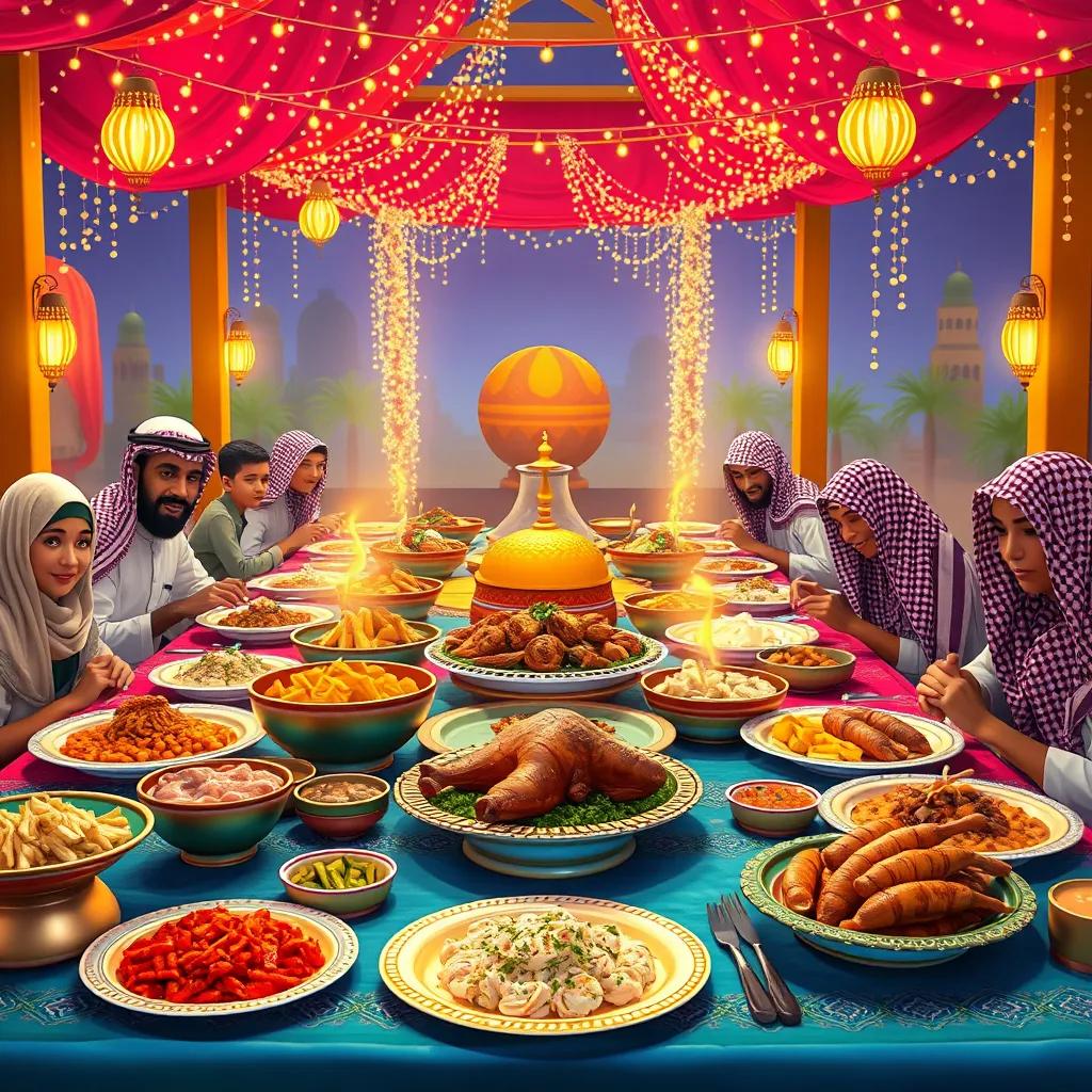 Delicious Saudi Arabian feast display on colorful tables with dishes like Kabsa and grilled chicken, beautifully arranged under fairy lights, families enjoying the meal together, warm and inviting atmosphere, digital art, rich textures and colors