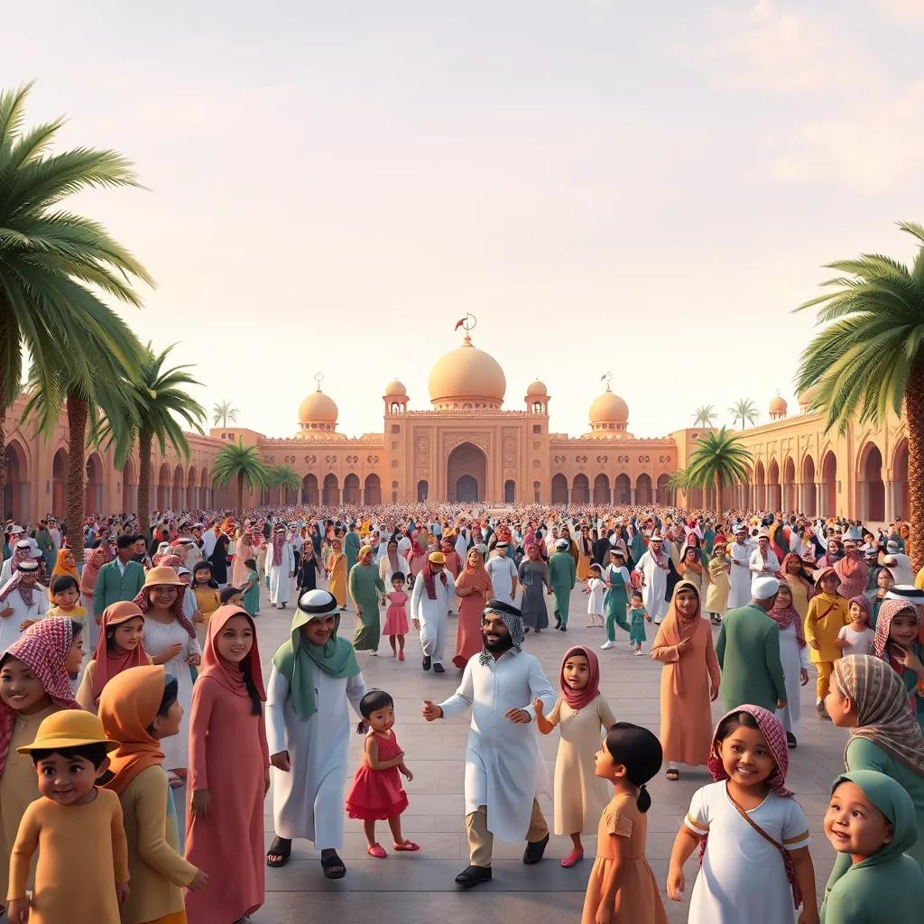 A large public square filled with families and children laughing and playing games, with traditional Saudi Arabian architecture in the background, everyone wearing traditional clothing, joyful and energetic feel, digital art, soft warm lighting