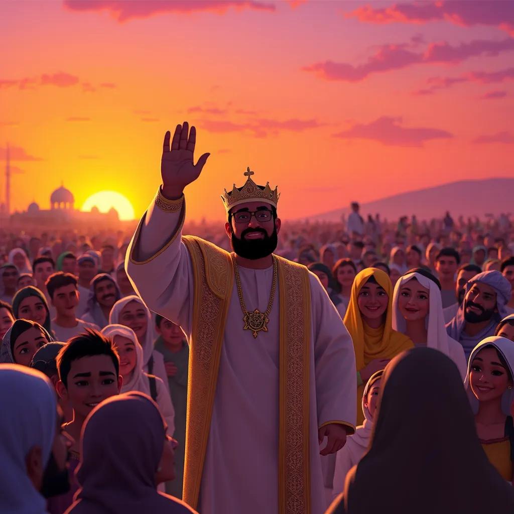 King Mohammed waving to the crowd at sunset, surrounded by happy families, with an orange and purple sky, symbolic of hope and togetherness, digital art, warm tones and positive vibes