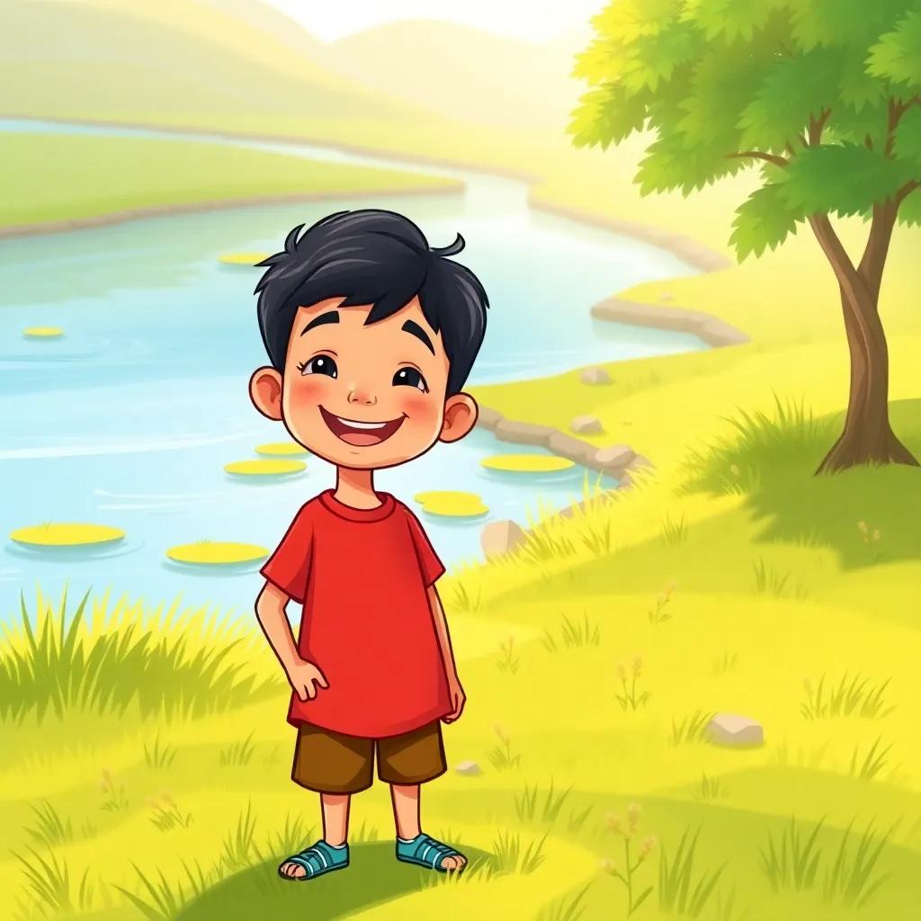 A young Arab boy, كريم, with short black hair, wearing a red t-shirt and comfortable shorts, standing on a green field near a river, joyful expression, warm sunlight, vibrant colors, high quality