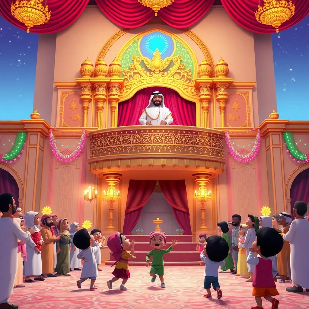 A regal palace in Saudi Arabia, with King Mohammed standing proudly on the balcony, smiling at the joyful crowd below. The scene is filled with colorful decorations and lights, creating a festive atmosphere. Children are playing and dancing, expressing their happiness.