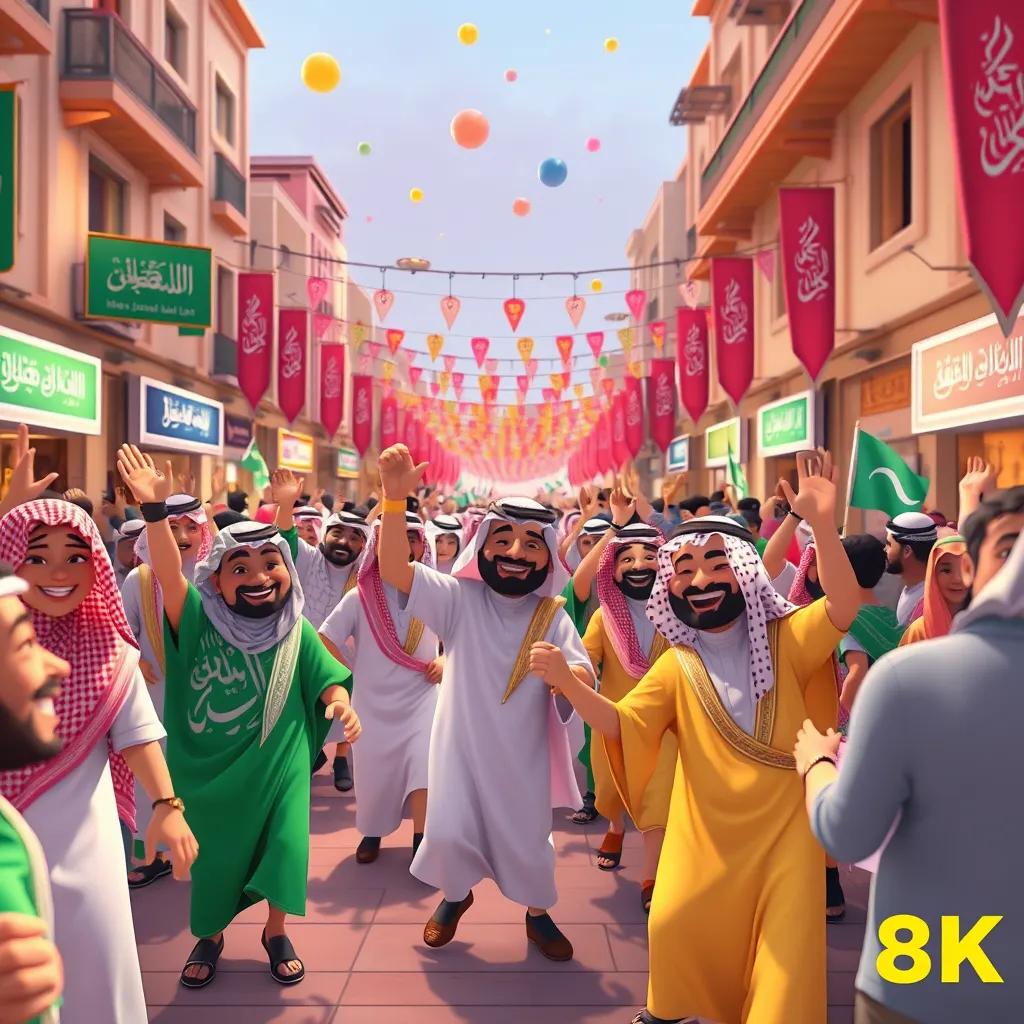 A bustling street scene in Saudi Arabia, with people celebrating the national holiday, dancing and cheering. In the background, there are bright banners and flags, symbolizing the joy of the occasion. The air is filled with laughter and excitement.