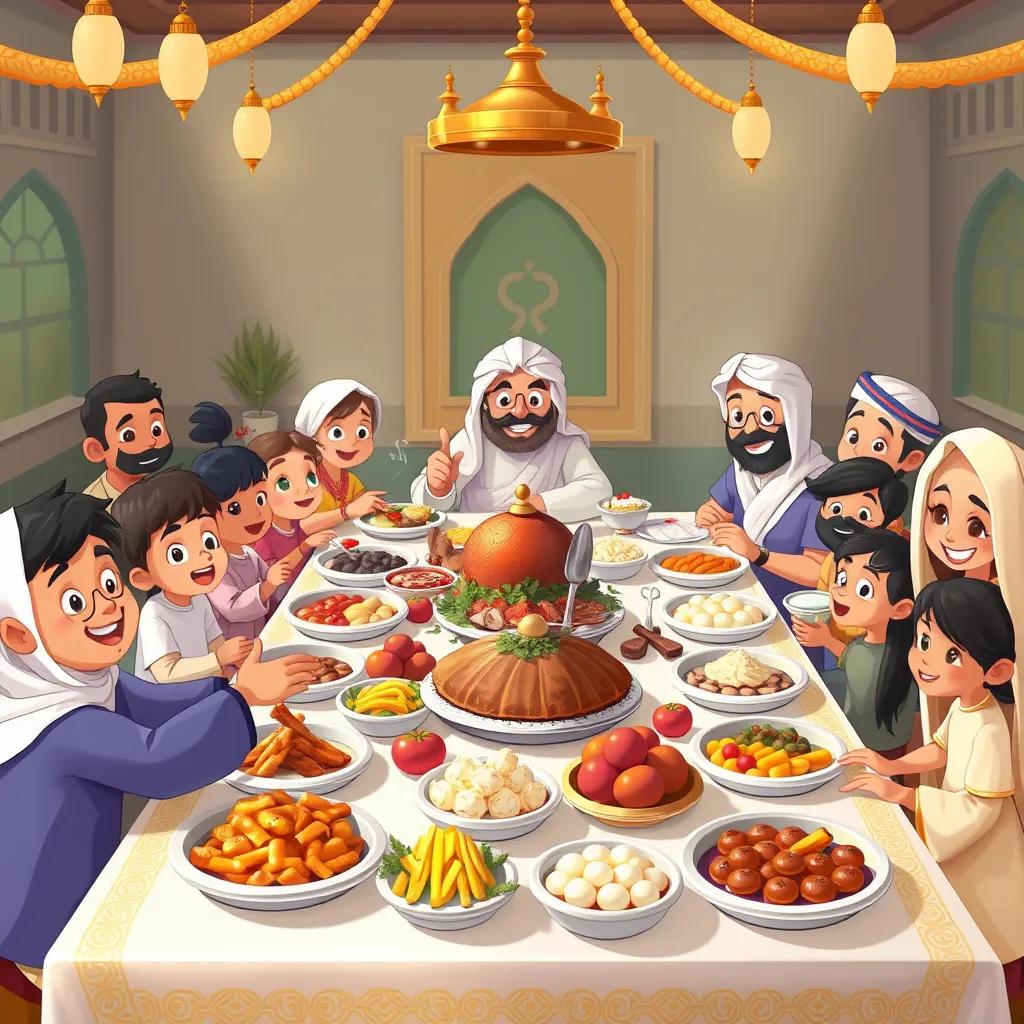 A grand feast on a large table, decorated with a variety of delicious Saudi dishes like Kabsa, grilled meats, and sweets. Children and adults are sitting around, enjoying the food and sharing stories, with joyful expressions on their faces.