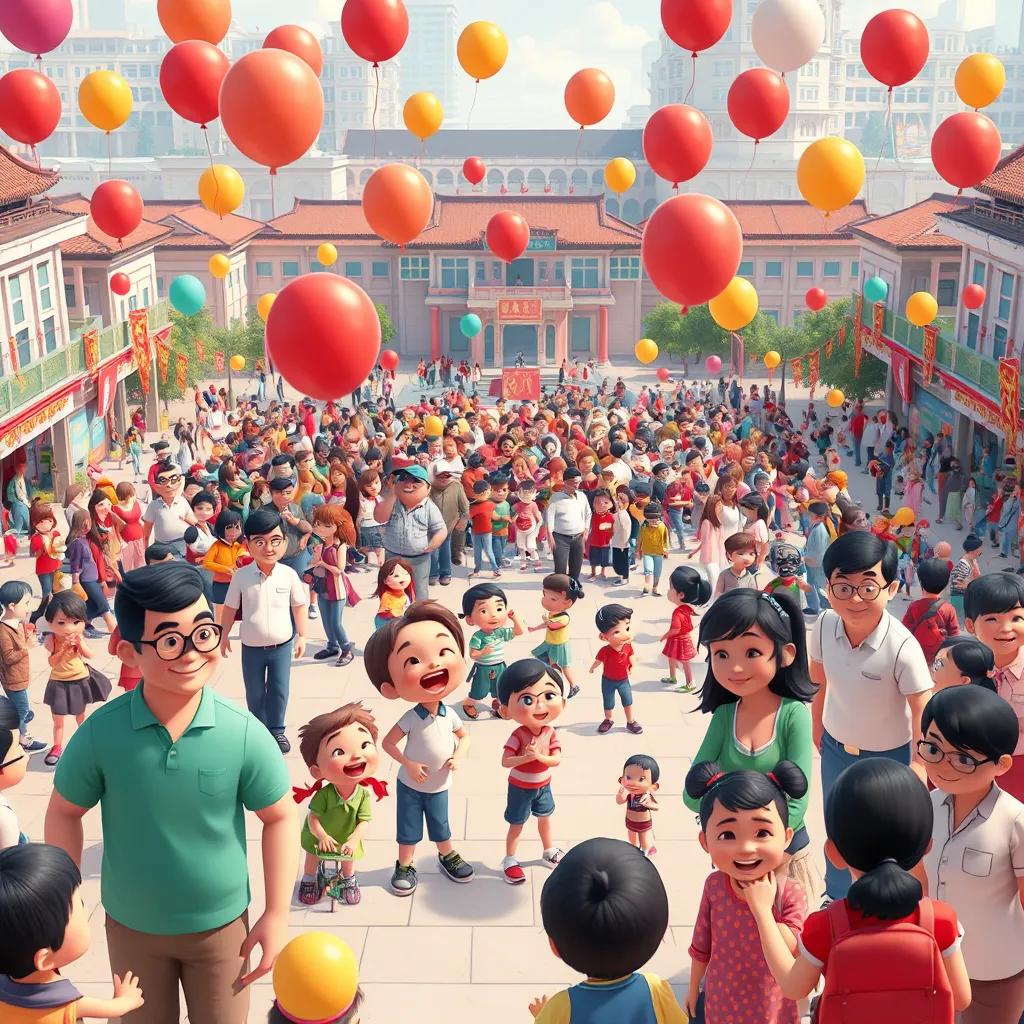 A large public square filled with families, children playing games, and parents chatting happily. Colorful balloons float in the air, and smiles are everywhere, capturing the spirit of community and togetherness during the national holiday.