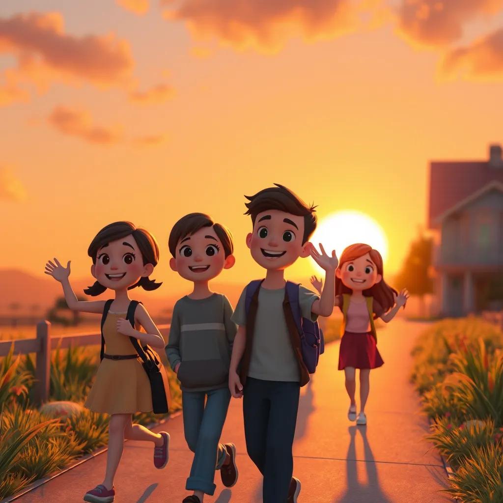 A sunset scene with families heading back home, carrying memories of the day. People are smiling and waving goodbye to each other, with a warm glow in the sky symbolizing the end of a wonderful day.