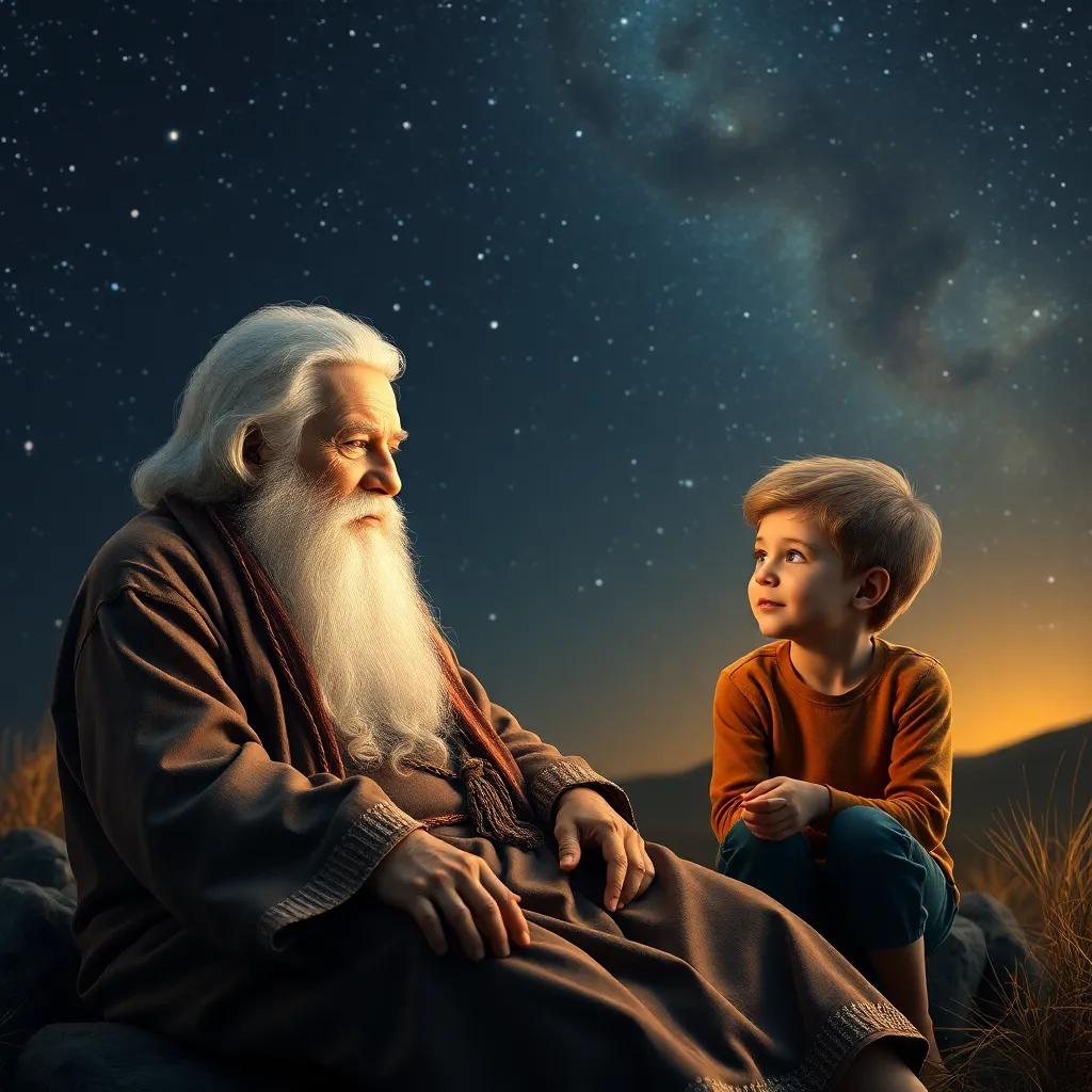 A wise old man with a long, white beard, sitting with his curious young grandson under a starry sky, explaining creation, warm light, detailed digital art, serene atmosphere, high quality