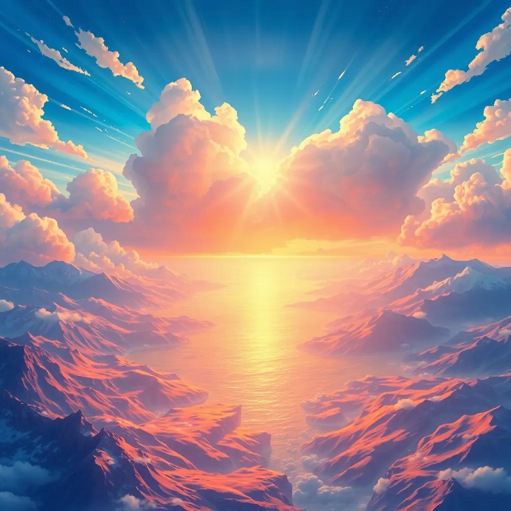 A beautiful depiction of the heavens and the earth, with mountains and seas in vibrant colors, a heavenly aura, conveying the greatness of creation, illustration, majestic, child-friendly, vivid imagery