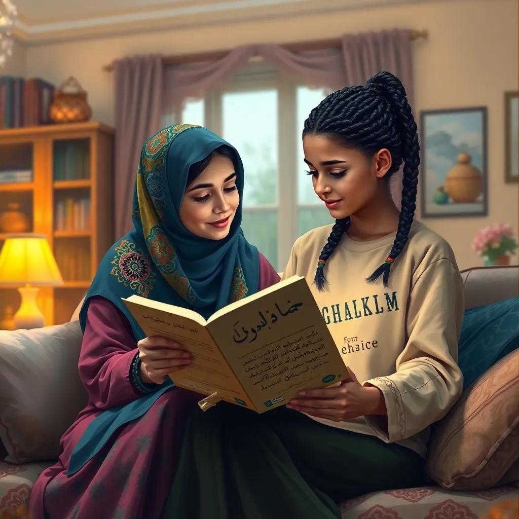 A cozy living room with a warm light, an Arab mother with long dark hair wearing a colorful hijab, sitting with her daughter who has braided black hair, both reading a book about the Arabic language, a feeling of warmth and love, digital art, soft colors, inviting atmosphere, family bonding, high quality