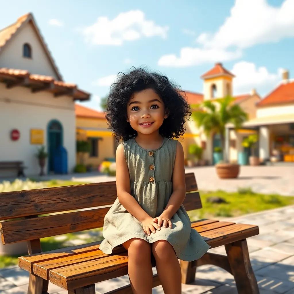 A young girl, Afifa, with curly black hair, wearing a simple dress, sitting on a wooden bench in a sunny village square, looking hopeful and cheerful, digital art, bright colors, welcoming atmosphere, high quality