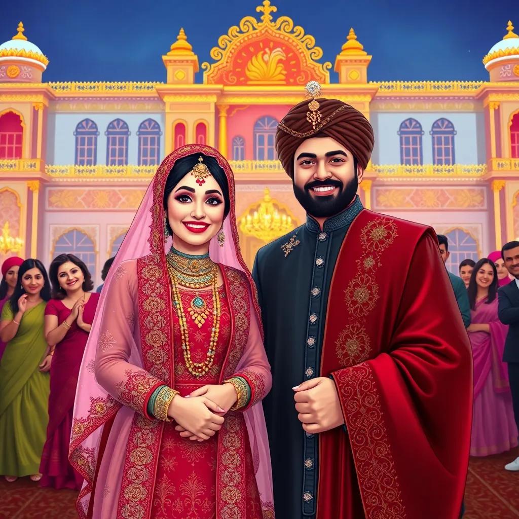 Afifa and Sami, both in beautiful traditional wedding attire, standing in front of a grand palace decorated with lights, surrounded by smiling friends and family, joyful celebration, detailed illustration, vivid colors, uplifting scene, high quality