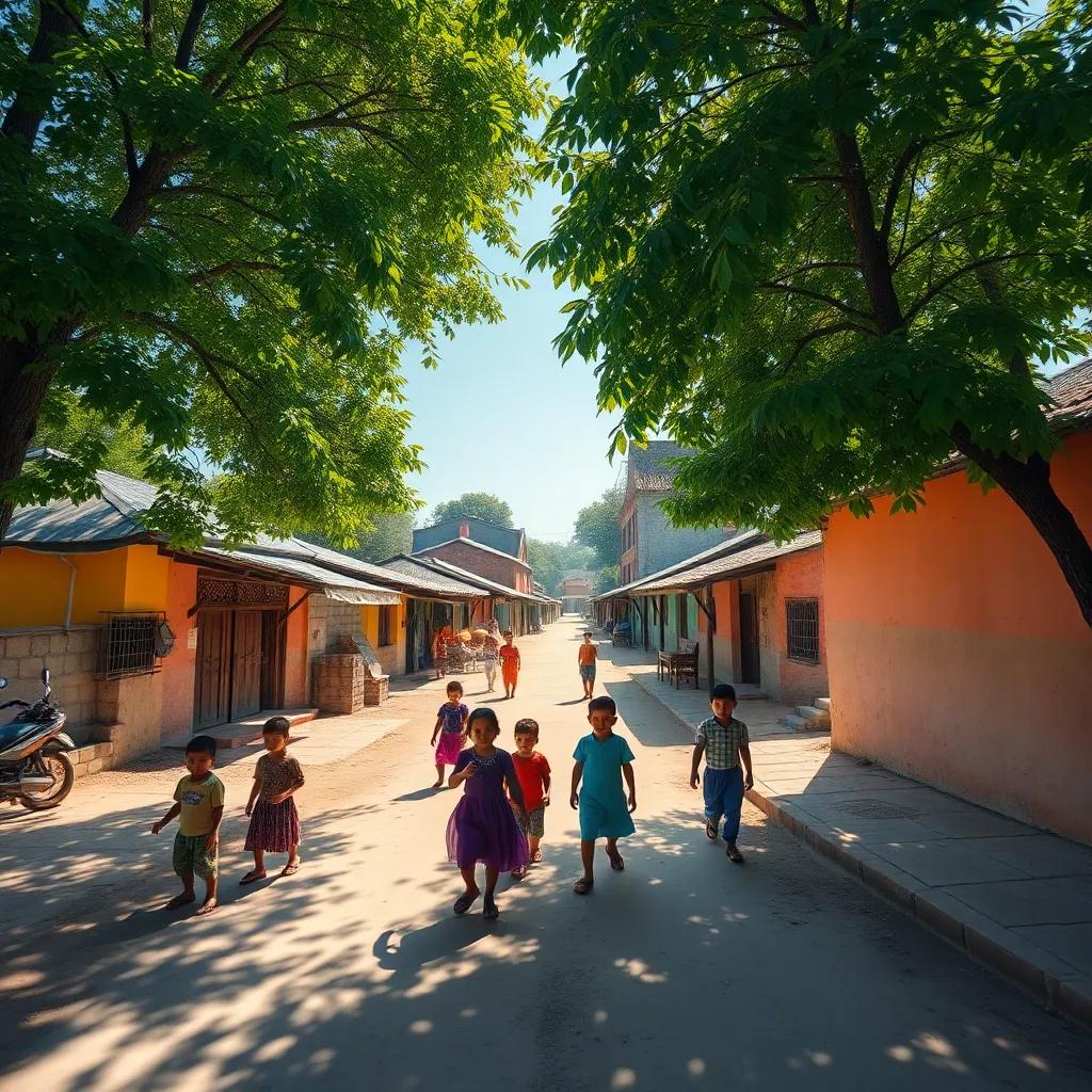 A small village with children playing, casting shadows under trees, vibrant colors, cheerful atmosphere, high quality