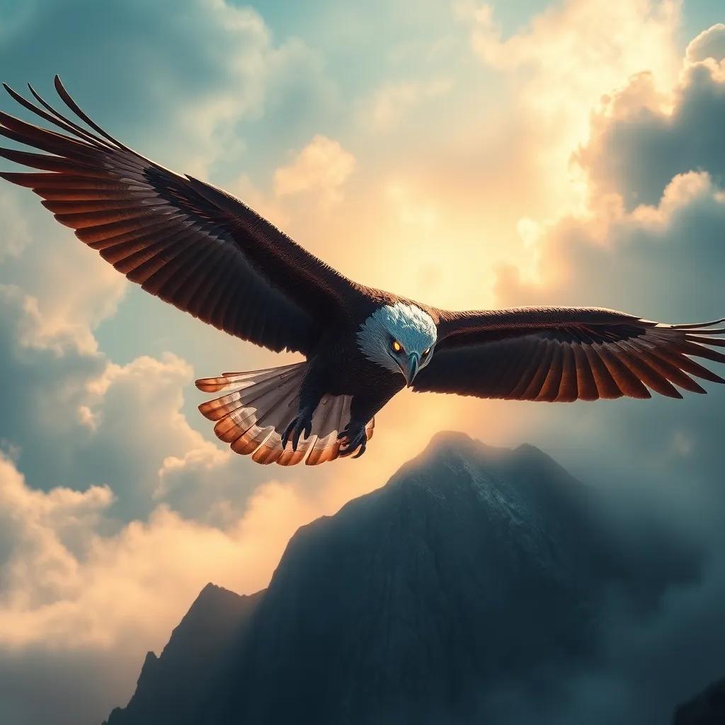 A majestic eagle soaring above a mountain, glowing eyes, mystical atmosphere, realistic details, bright colors, high perspective, fantasy-like scene