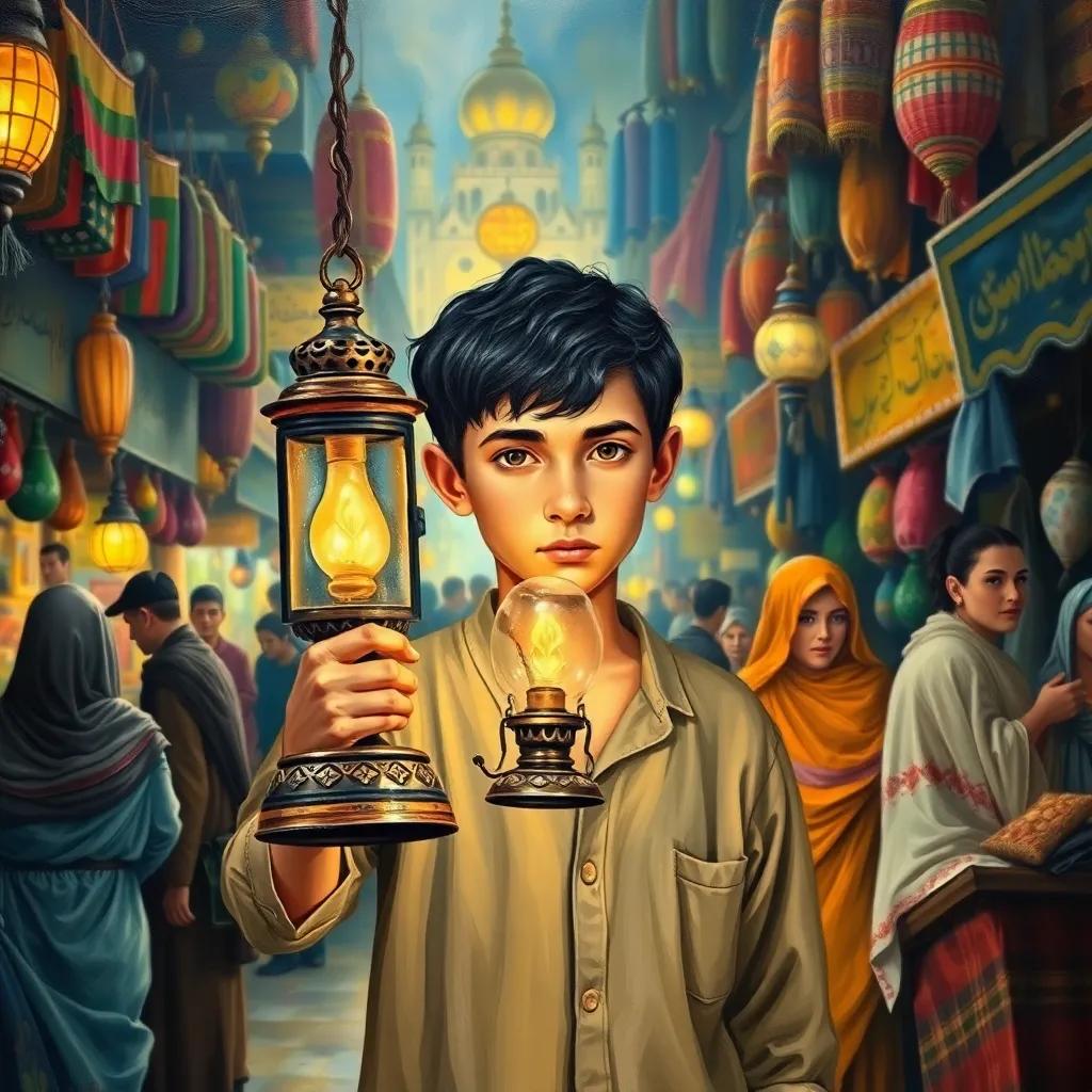 A young Arab boy, Alaeddin, with dark hair and a simple outfit, holding an old lamp in the bustling market, surrounded by various colorful stalls and people, exciting scene, detailed, vibrant colors, lively atmosphere, high quality