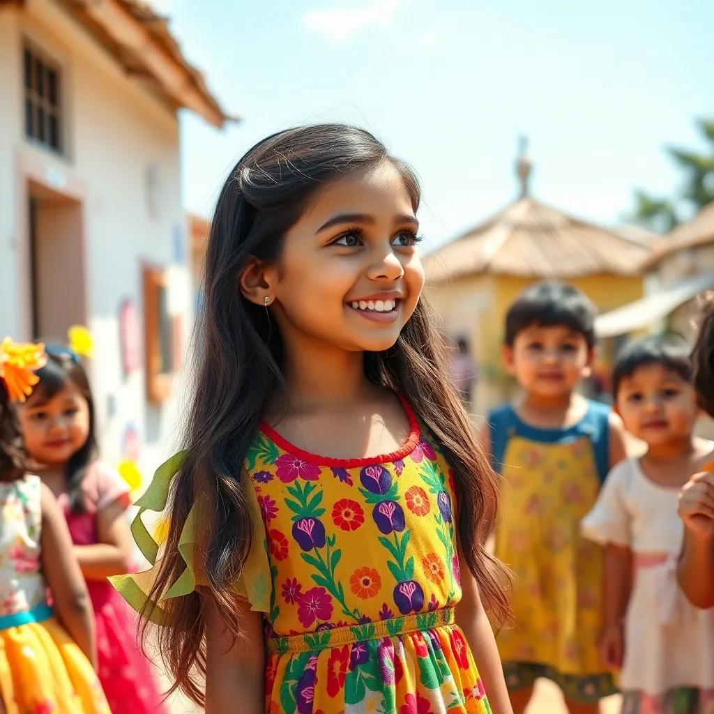 A young girl, Layla, with long, dark hair, wearing a colorful dress, talking excitedly to her friends in a sunny village, vibrant colors, cheerful atmosphere, children-friendly