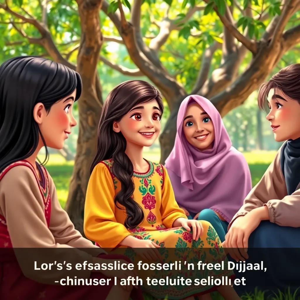 Layla, a young girl with long, dark hair in a colorful dress, sitting with her friends under a tree, discussing the signs of the Dajjal, happy expressions, bright colors, storytelling view