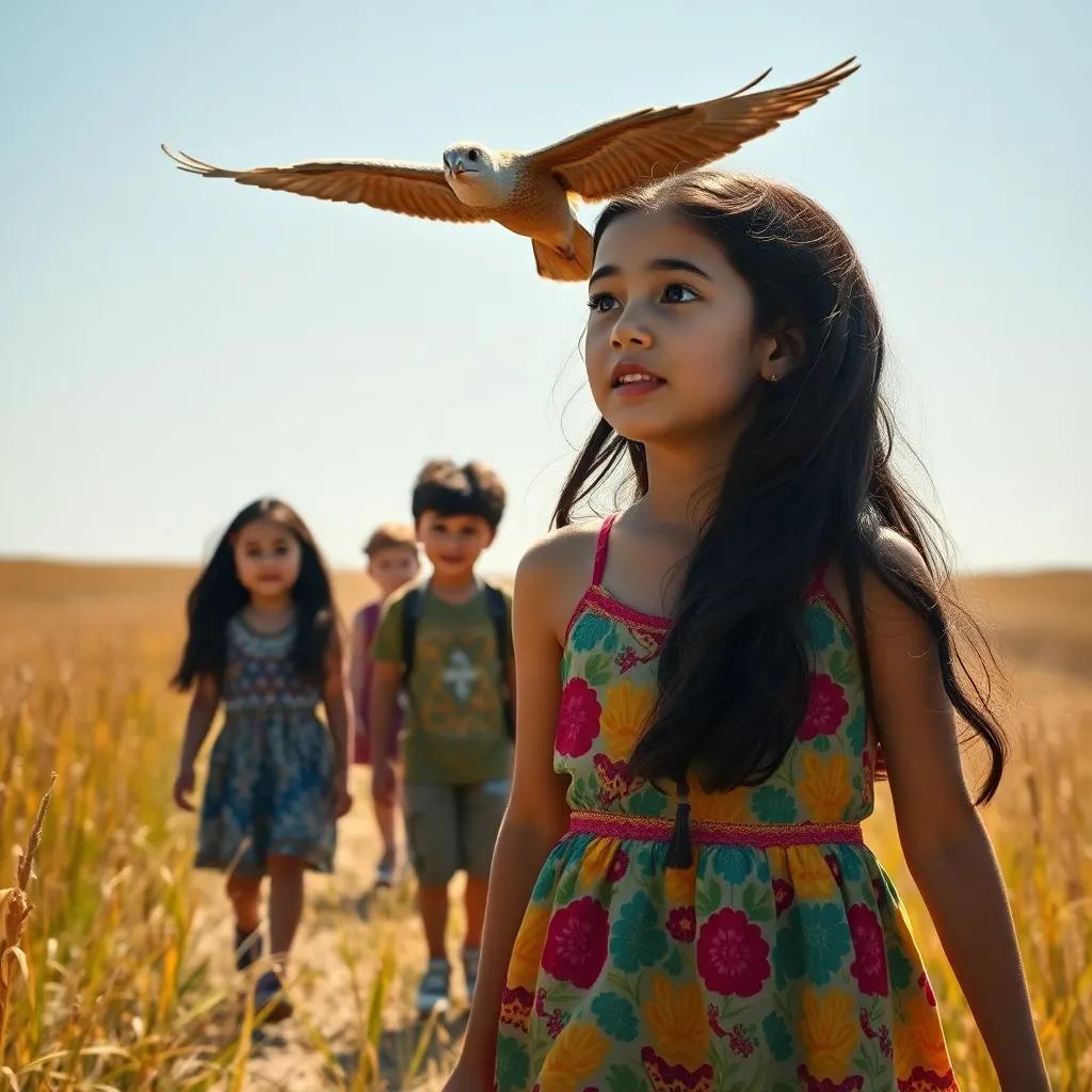 Layla, a young girl with long, dark hair, in a colorful dress, leading her friends through a sunny field, discovering a strange bird flying above them, adventure-themed, child's perspective