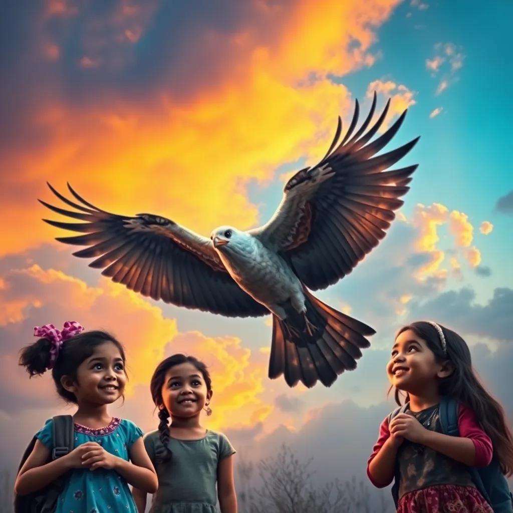A mysterious bird soaring above Layla and her friends, with a colorful sky in the background, bold colors, magical feel, depicting curiosity and wonder