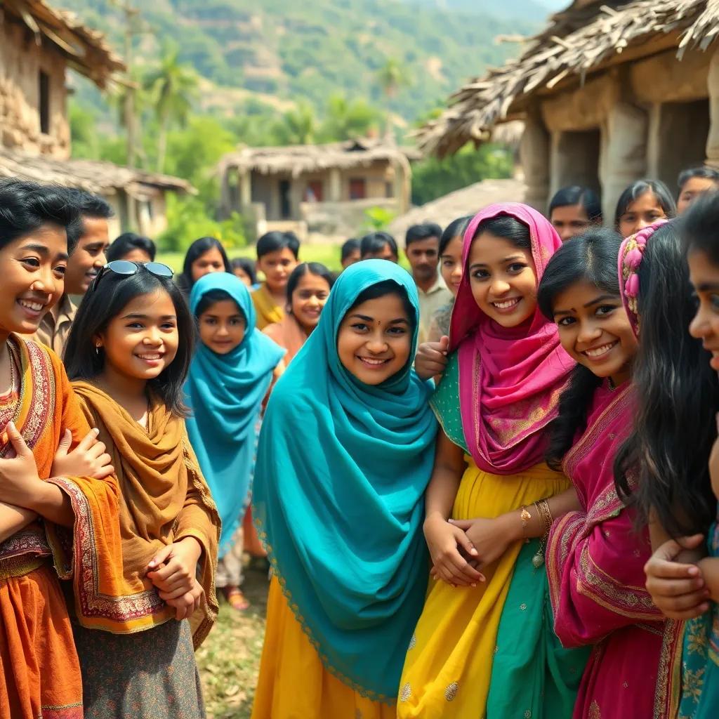 The villagers warmly welcoming Layla and her friends back to the village, everyone smiling and celebrating their bravery, colorful scenery, charming expressions