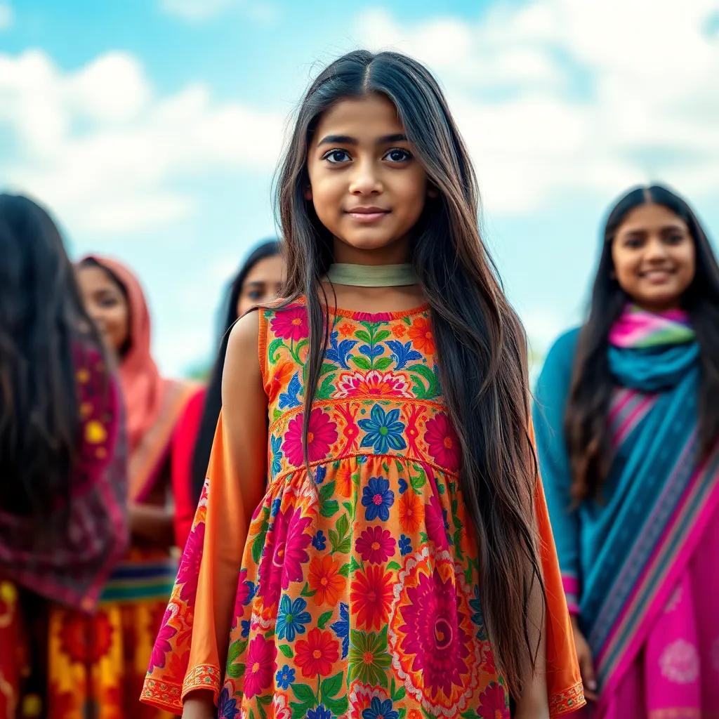 Layla, a young girl with long, dark hair wearing a colorful dress, standing proudly with her friends, united and strong, vivid colors, inspiring scenery