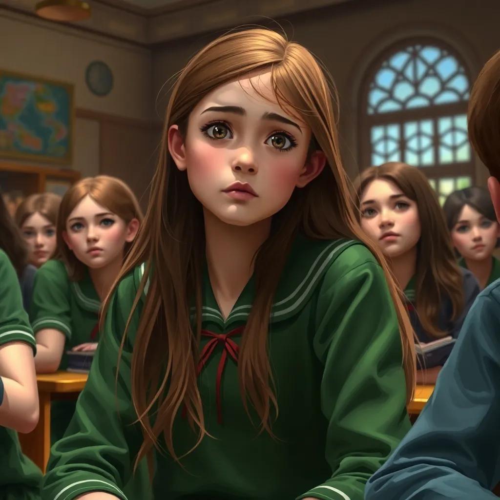 A 13-year-old girl, Ola, with long brown hair, wearing a green school uniform, sitting in her classroom surrounded by friends, looking thoughtful and concerned, digital art, warm colors, inviting atmosphere, high quality