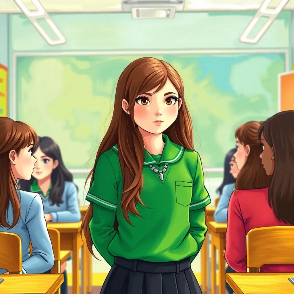 A 13-year-old girl, Ola, with long brown hair, in a green school uniform, facing her friends with determination, standing strong against gossip, colorful classroom background, illustration, bright and uplifting, high quality