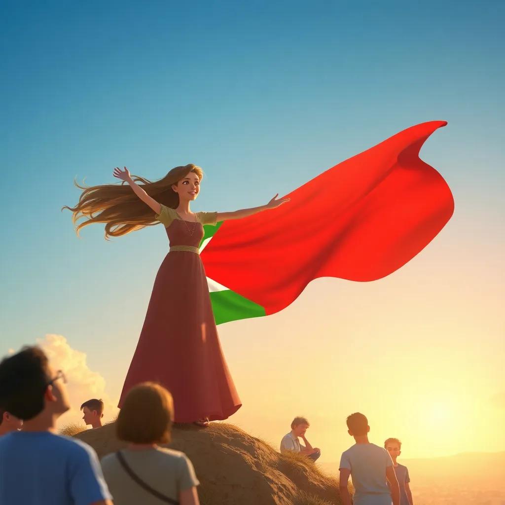 Sarah standing on a tall hill, proudly holding the Palestinian flag, her hair blowing in the breeze, people looking up at her with smiles, warm sunlight, uplifting scene, bright colors, storytelling view, fantasy