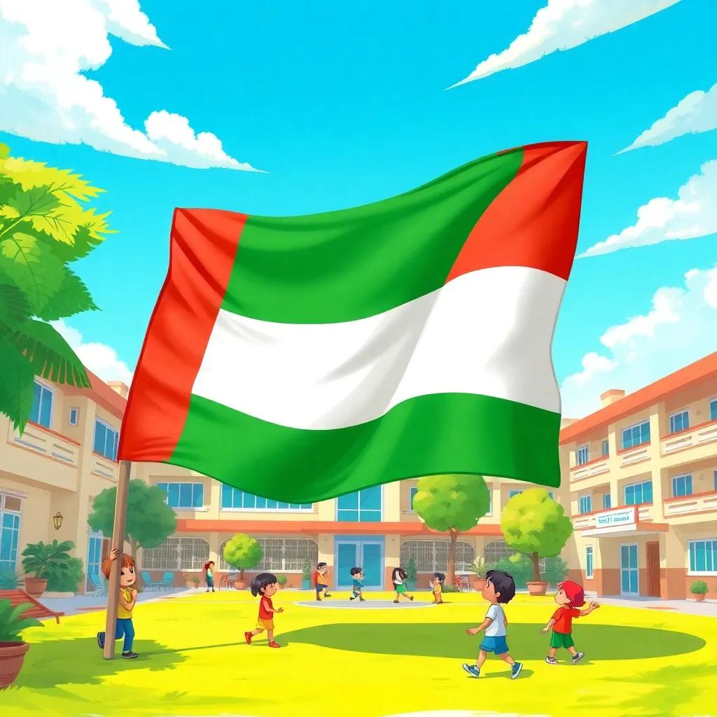 A large flag of the UAE waving proudly in a schoolyard, bright blue sky in the background, colorful surroundings, children playing around, cheerful atmosphere, detailed digital art