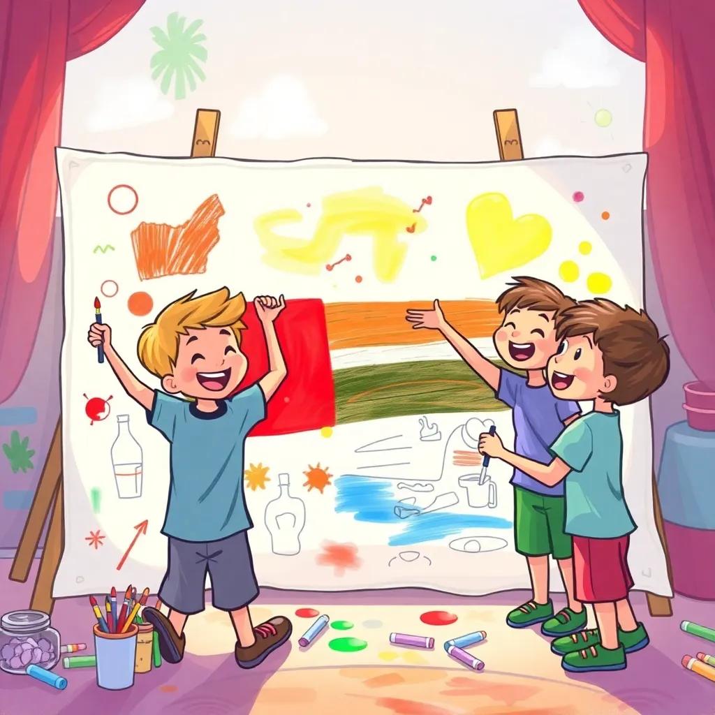 A group of excited children painting a big canvas, vibrant colors everywhere, sketches of the UAE flag, children smiling and laughing, fun atmosphere, warm sunlight shining