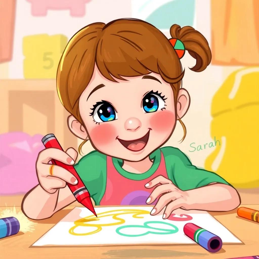 A girl named Sarah coloring with a bright red crayon, her face showing enthusiasm, vivid colors around her, digitally illustrated scene, playful ambiance