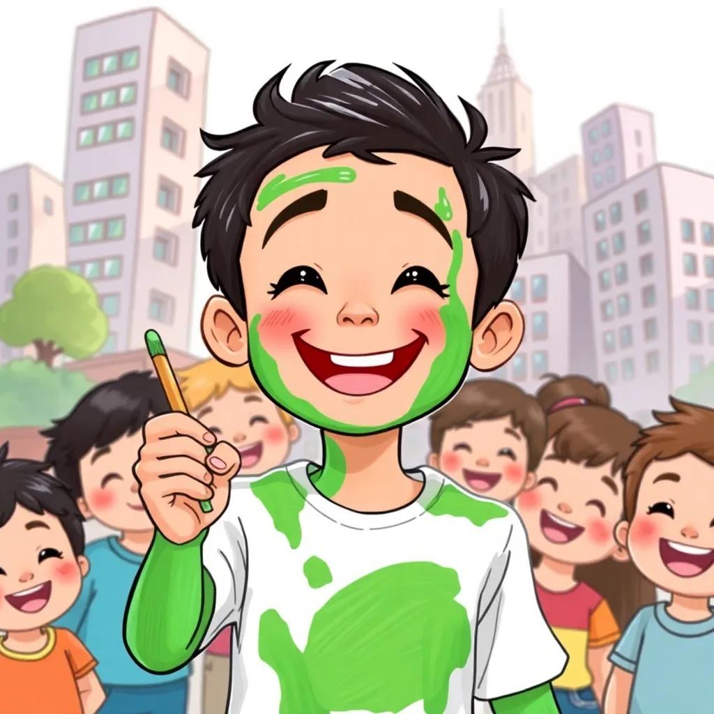 A boy named Ali painting a strong green color, with a big smile, surrounded by children, tall buildings in the background, joyful atmosphere, illustration