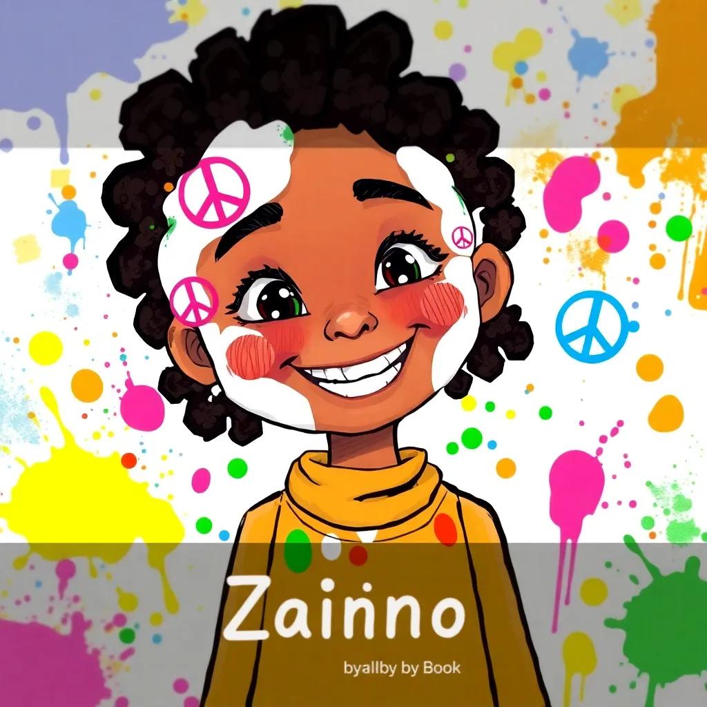 A girl named Zainab painting white with peace symbols, a big smile on her face, colorful paint splatters around her, vibrant and cheerful scene, digital art