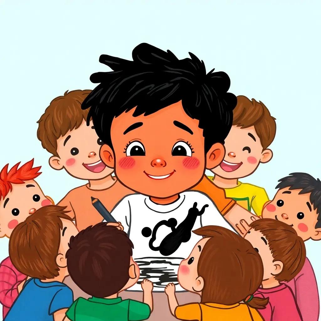 A boy named Faisal coloring black passionately, all children gathered around, bright colors surrounding them, happy faces, engaging distance