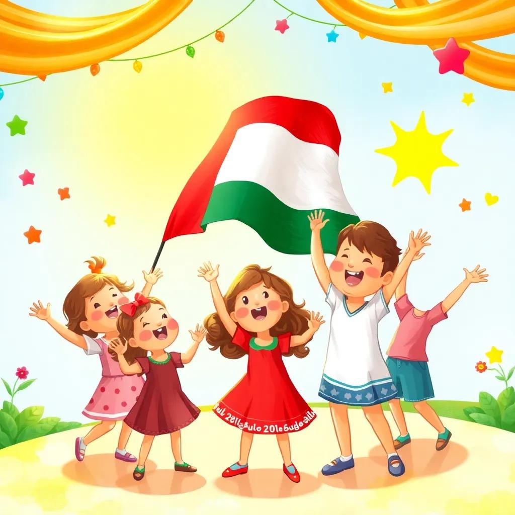 A group of children singing and dancing joyfully around the waving UAE flag, bright sun shining, a festive atmosphere, colorful decorations around them, detailed illustration