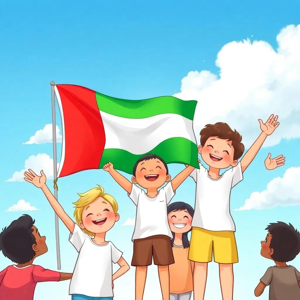 Children feeling proud under the UAE flag, sharing dreams and smiles, bright blue sky with fluffy clouds, uplifting atmosphere, heartwarming digital art
