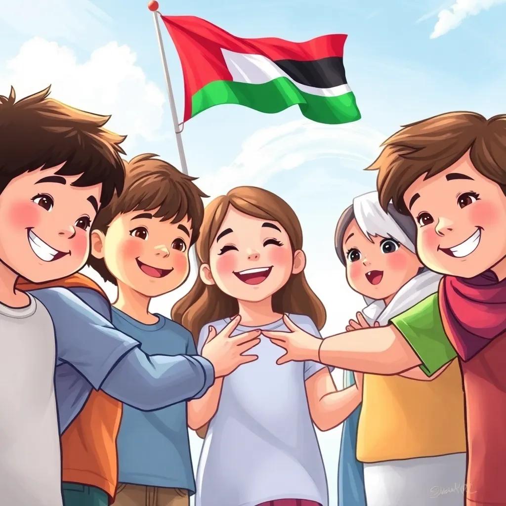 A group of children making a promise together, smiling faces, waving UAE flag in the background, beautiful day, community spirit, digital painting