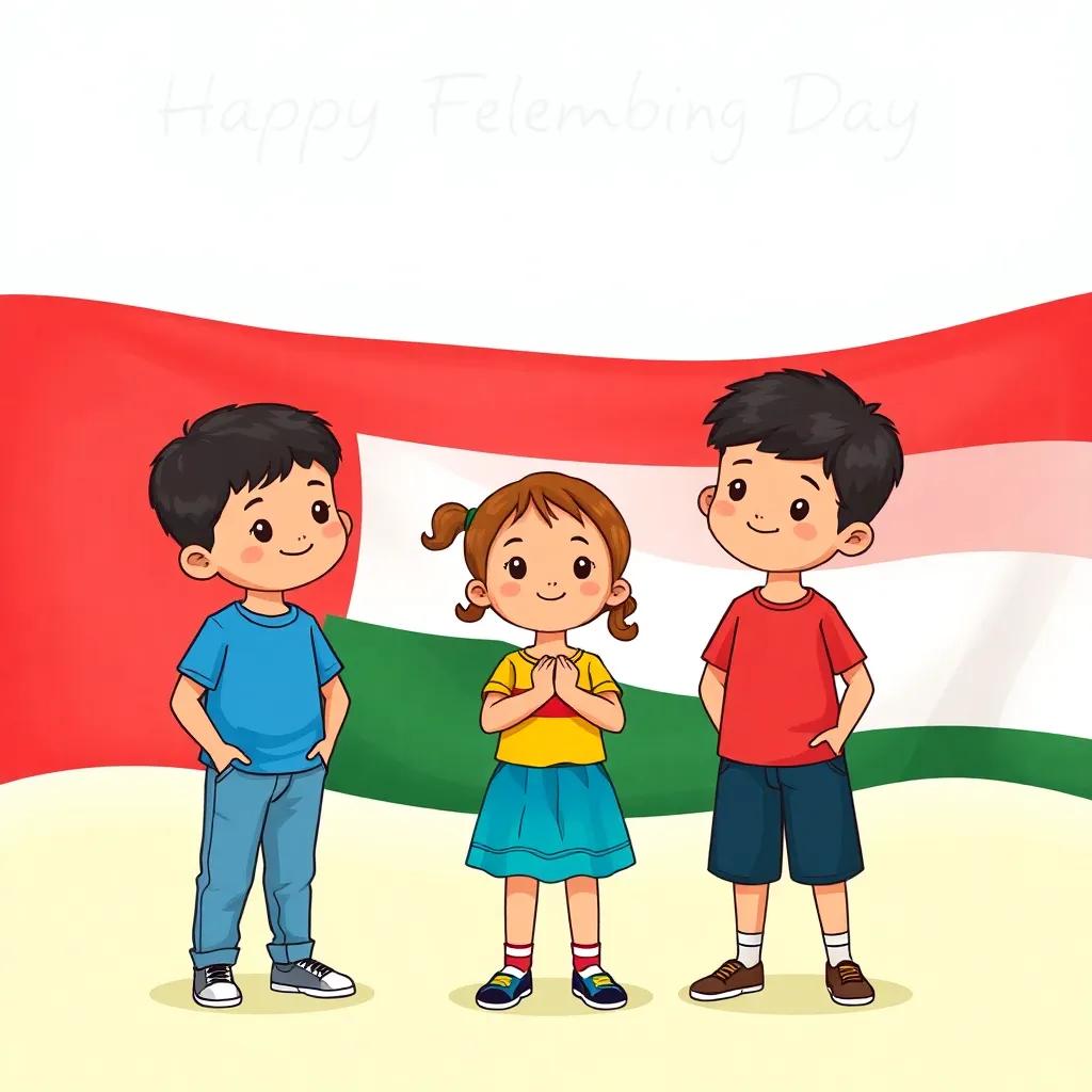 Children proudly standing in front of the UAE flag, remembering their celebration day, heartwarming scene, bright colors, digital illustration
