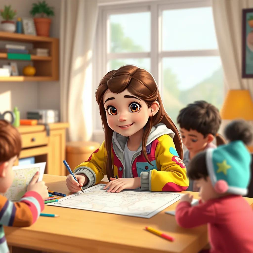 A young girl, Sara, with long brown hair wearing a colorful jacket, sitting at a table in her home, drawing maps with her friends, digital art, bright colors, cheerful atmosphere, high quality