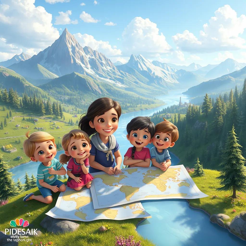 A beautiful landscape showing mountains, rivers, and trees, with Sara and her friends happily drawing their maps together in the foreground, digital painting, bright and colorful, imaginative