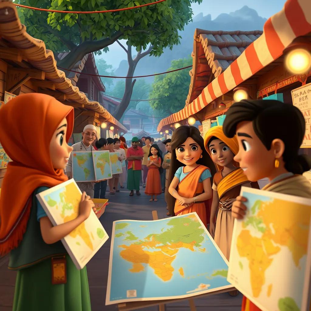A market scene in a small village with villagers admiring the colorful maps displayed by Sara and her friends, digital art, lively colors, warm, inviting atmosphere, friendly crowd
