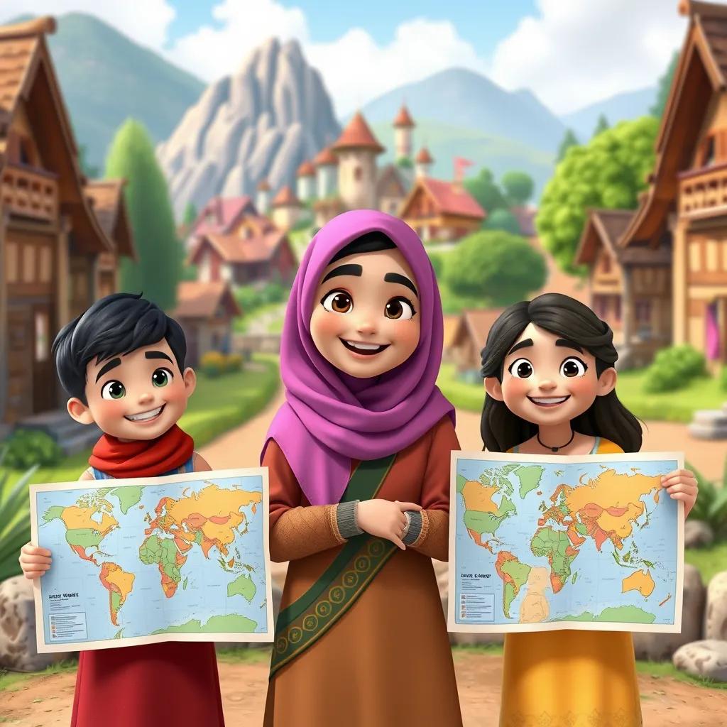 Sara and her friends, smiling and looking proud, standing with their maps in front of a backdrop of their village, celebrating their hard work, illustration, joyful colors, heartwarming scene