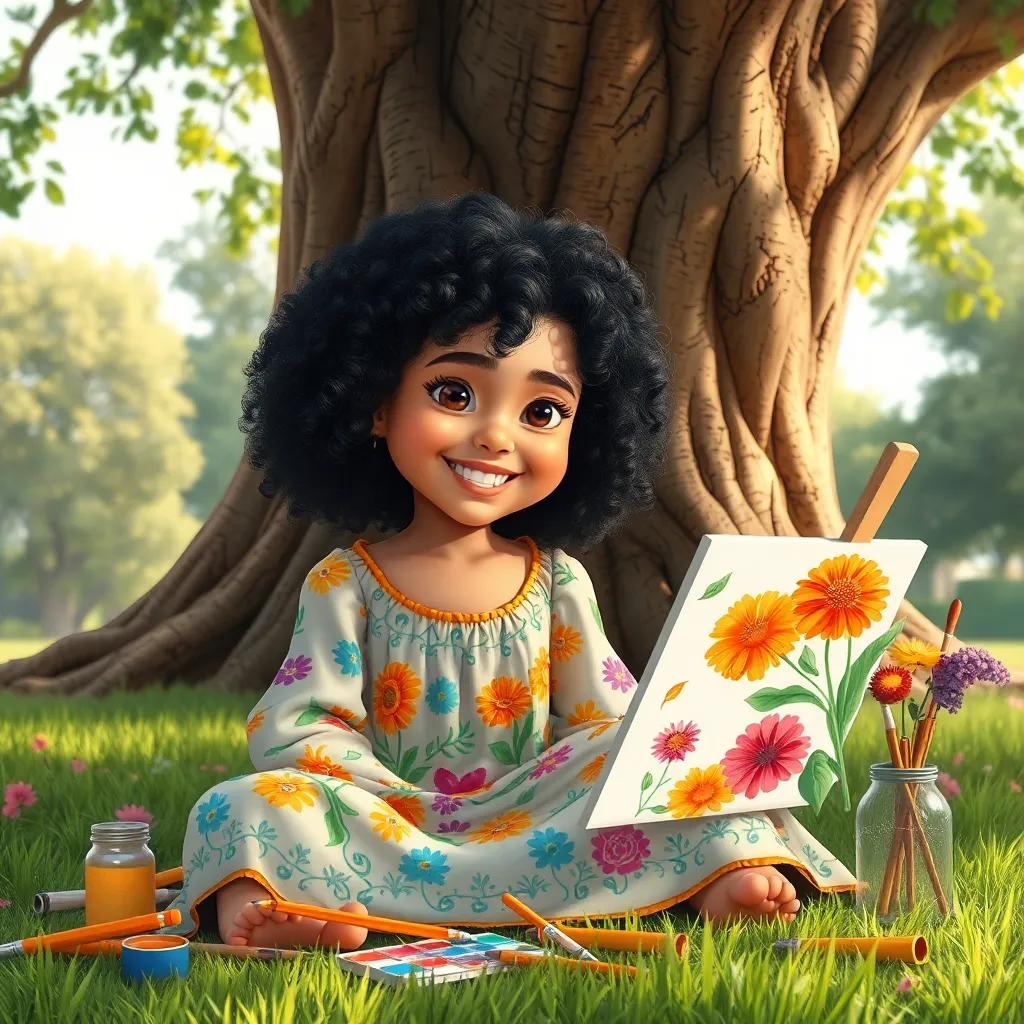 A young Arab girl, علياء, with curly black hair, wearing a cheerful dress, sitting under a large tree with a sketch pad, colorful paints scattered around her, smiling as she paints flowers and her friends, soft afternoon light, bright colors, inviting atmosphere, digital art, vibrant, joyful scene