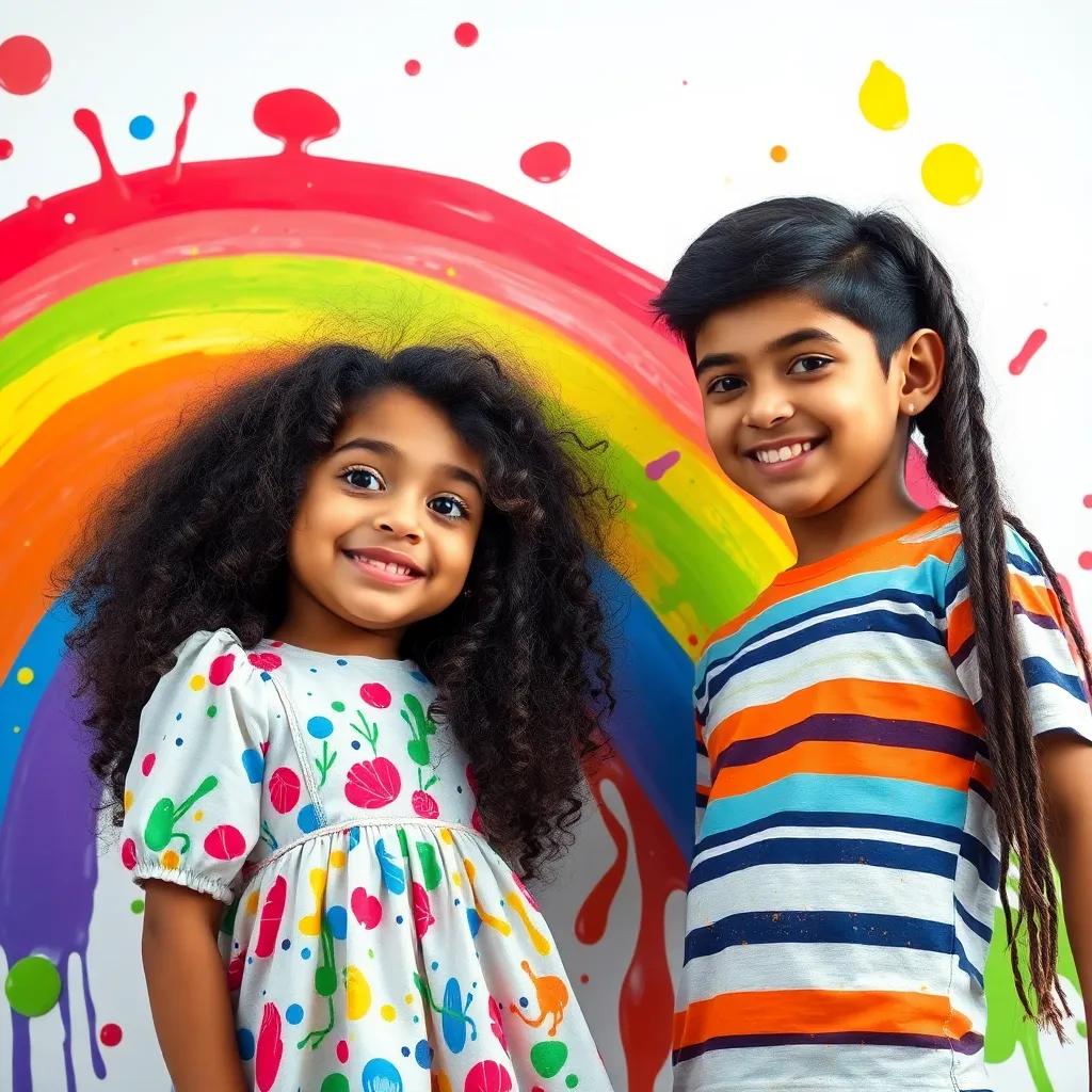 A young Arab girl, علياء, with curly black hair, wearing a cheerful dress, painting a big rainbow with her friend, سامي, who is wearing a striped shirt, both of them surrounded by splashes of paint, cheerful atmosphere, bright colors, playful moment, digital art, high quality