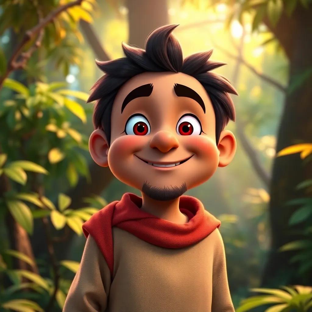 A kind man named Ali Baba, with a cheerful expression, wearing simple clothes, standing in a lush green forest, listening closely to mysterious sounds, digital art, vibrant colors, curious atmosphere, high quality