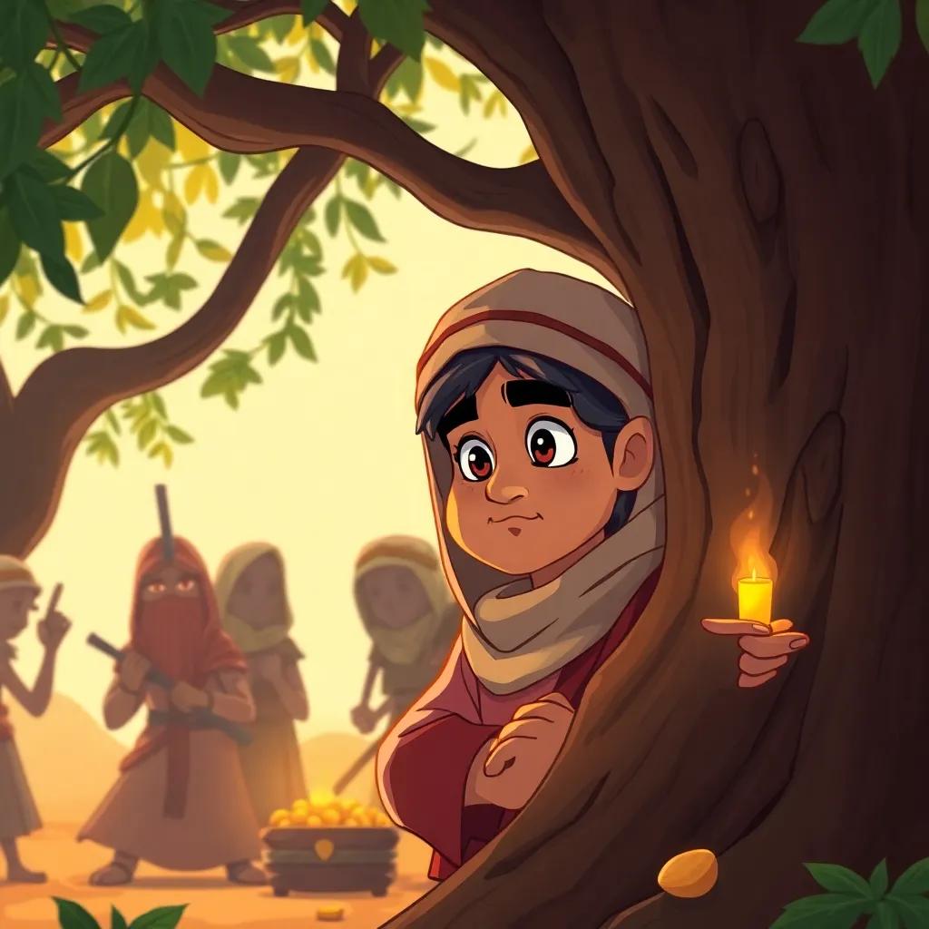 Ali Baba with a thoughtful look, hiding behind a tree watching forty robbers, with shadows and treasures in their hands, warm light filtering through branches, illustration, adventurous, action-packed, child-friendly