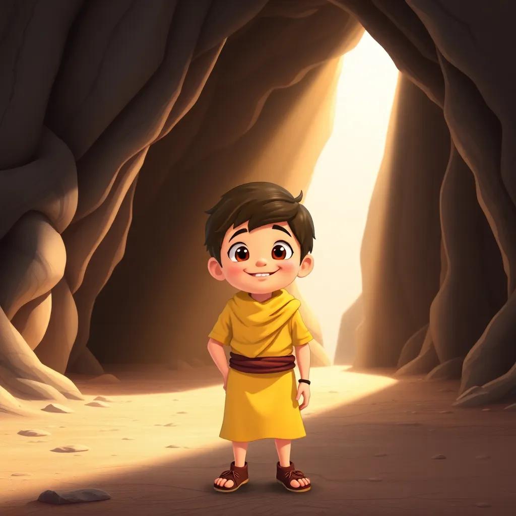 A brave young boy, Ali Baba, wearing simple desert clothes, standing in front of a large cave entrance with sunlight shining down, looking curious, illustration, colorful, inviting atmosphere, joyful expression