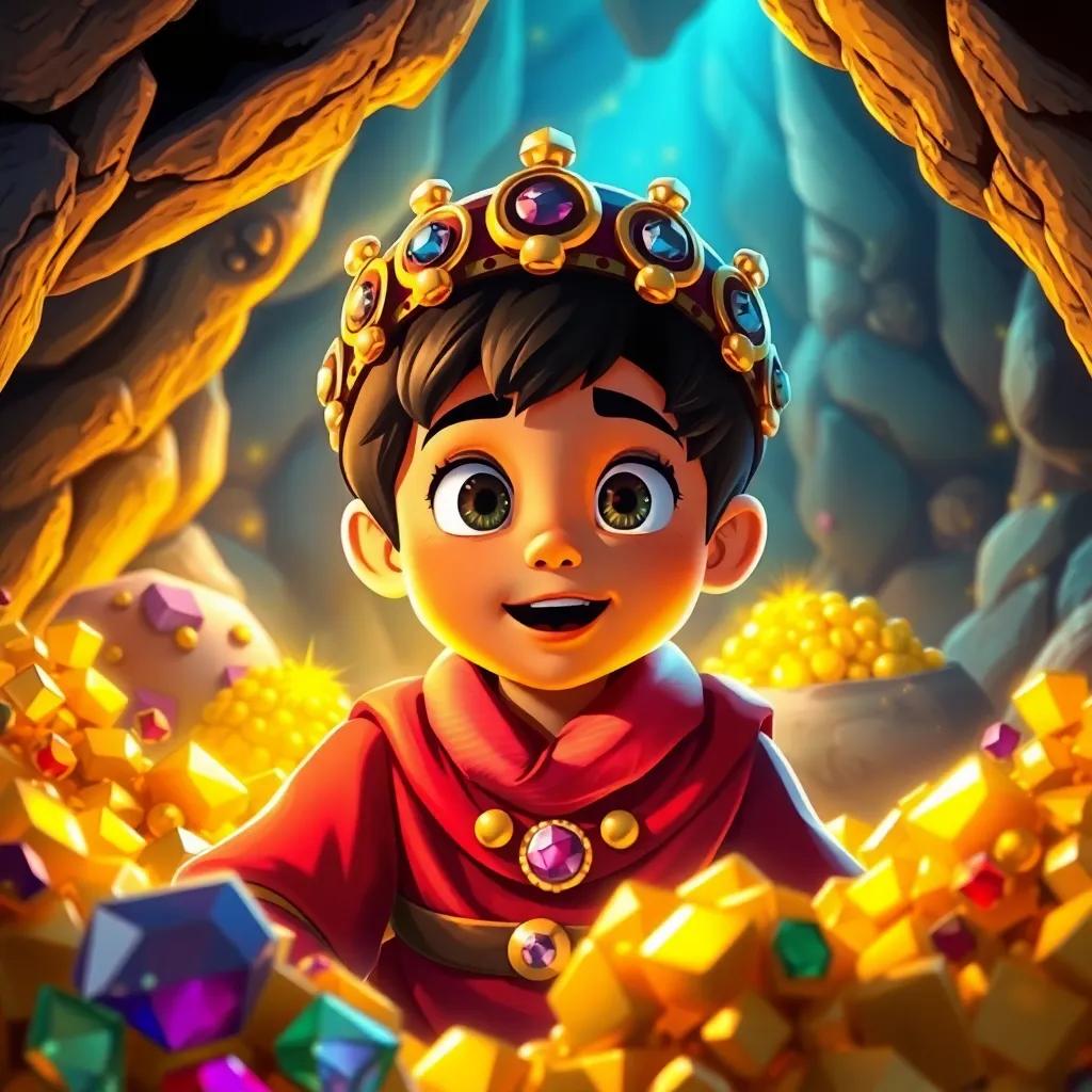 Ali Baba, a brave young boy, inside the cave, surrounded by gold and jewels, bright lighting sparkling off the treasures, amazed expression, digital art, vibrant colors, detailed, child-friendly